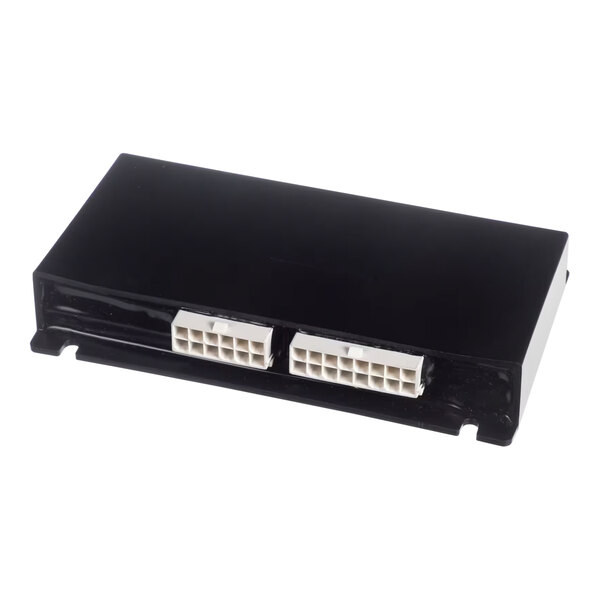 A black rectangular Wilbur Curtis control module with white and black connectors.