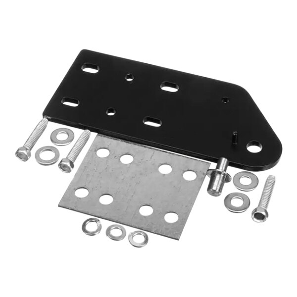 A black metal plate with silver bolts and screws.