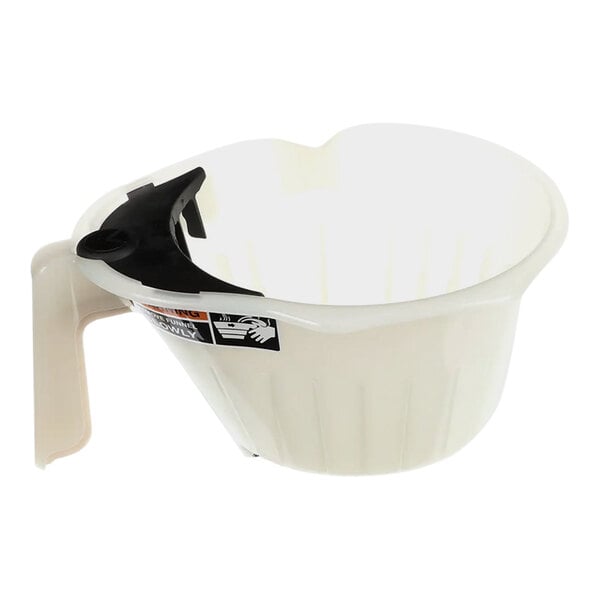 A white plastic container with a black handle.