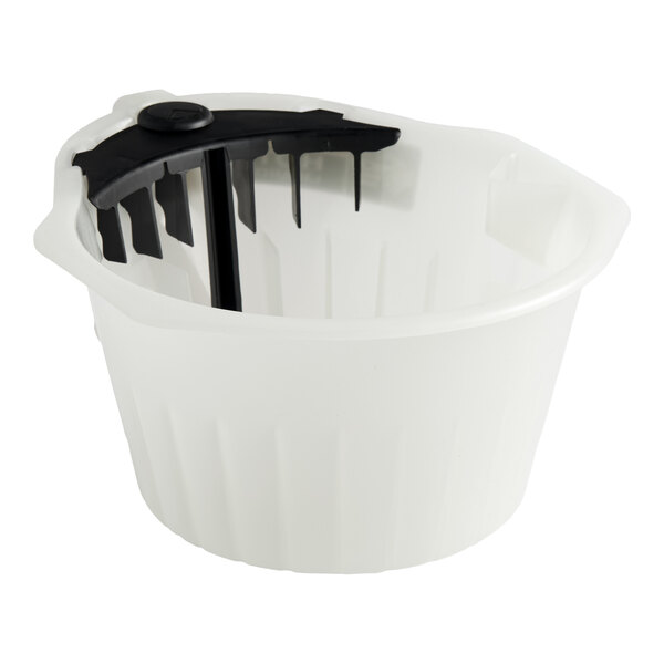 A white plastic funnel assembly with a black handle and internal prongs, designed for use with Bunn coffee brewing equipment.