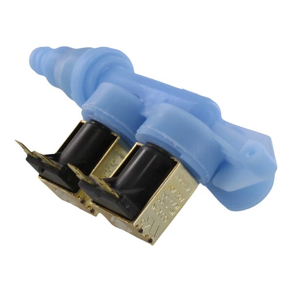 A blue plastic valve with black and gold connectors.
