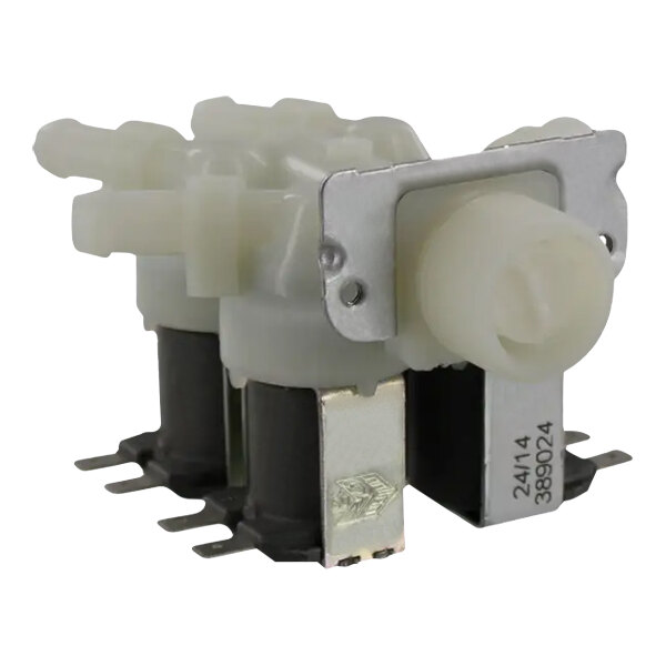 An Alliance Laundry 4-way water valve with two white wires.