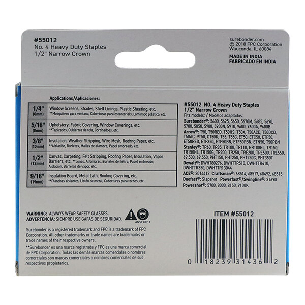 A case of 50 white boxes of Surebonder 1/2" #4 Heavy-Duty Narrow Crown Staples with black text.