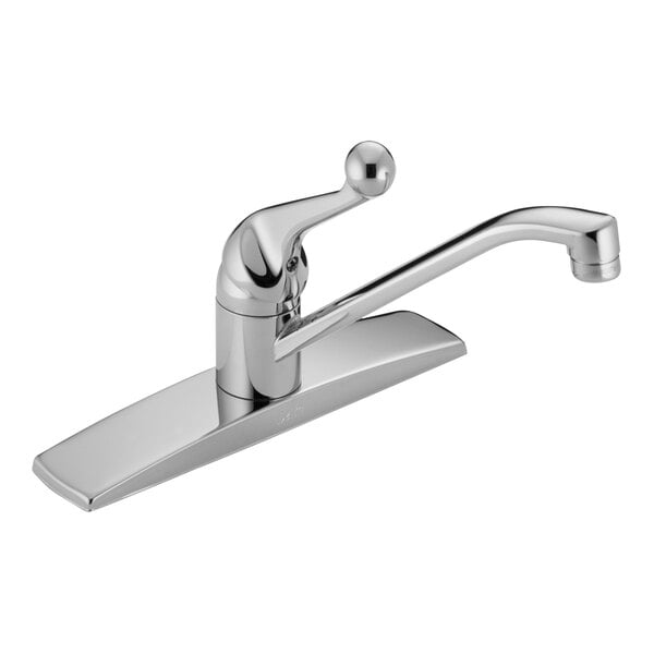 A Delta chrome finish single-handle deck-mount kitchen faucet with a swing spout.