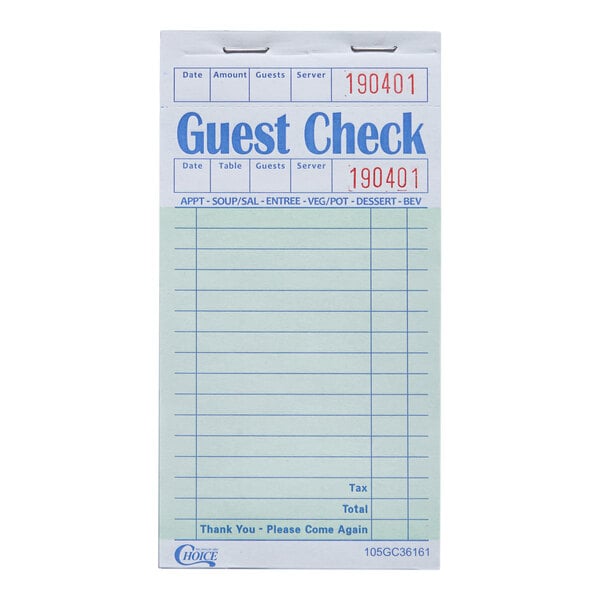 Choice 1 Part Green and White Paper Guest Check with Top Guest Receipt - 10/Pack