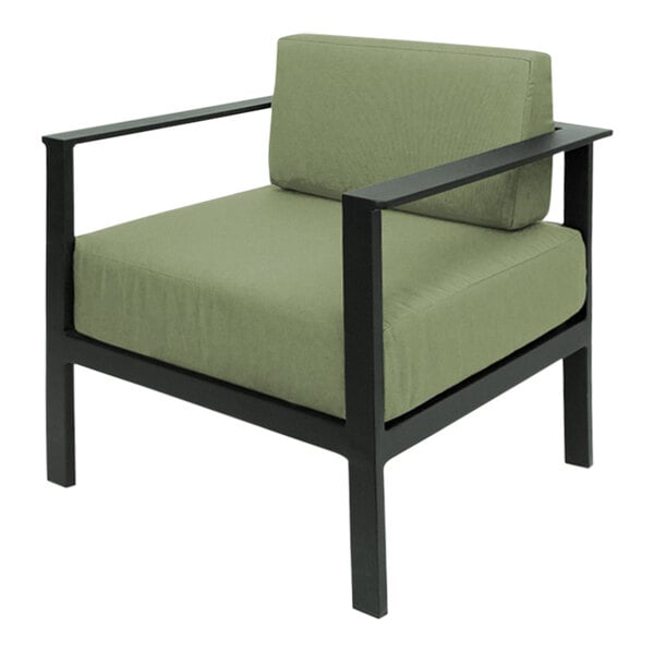 A BFM Seating Belmar armchair with black metal frame and Sunbrella fern green cushions.