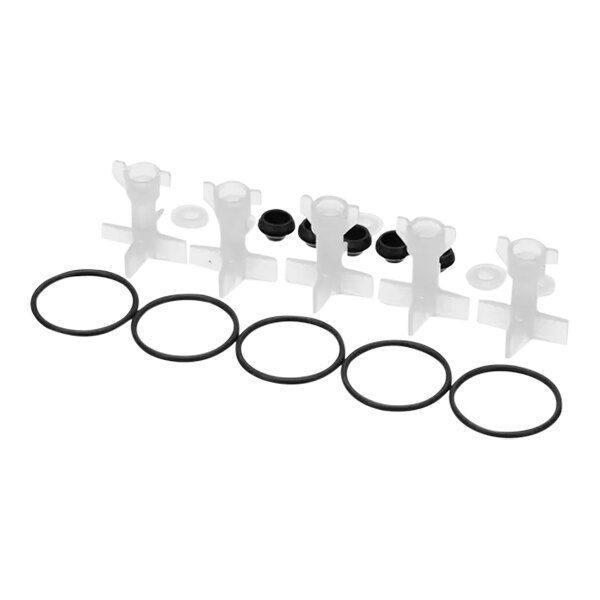 A group of plastic objects with black rubber rings and a rubber washer.