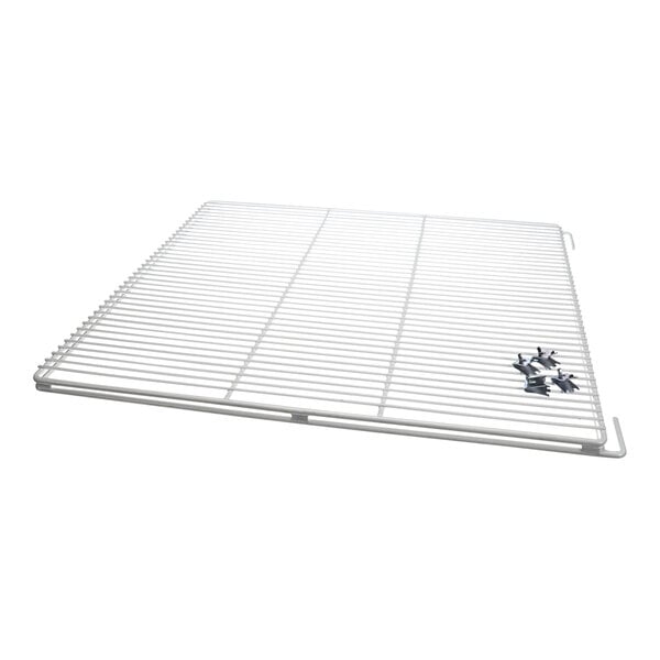 A white metal True Refrigeration shelf with clips.