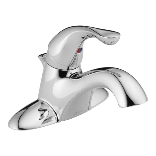 A silver Delta single-handle deck-mount lavatory faucet with chrome finish.