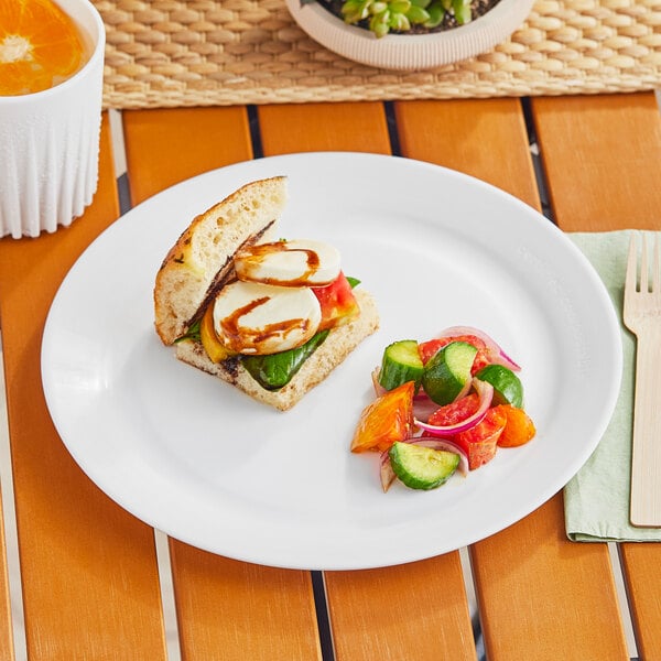 A World Centric reusable white PLA plate with a sandwich, salad, and drink on a table.