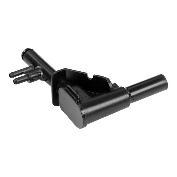 A black plastic Bunn mixing chamber assembly with a small hole in it.