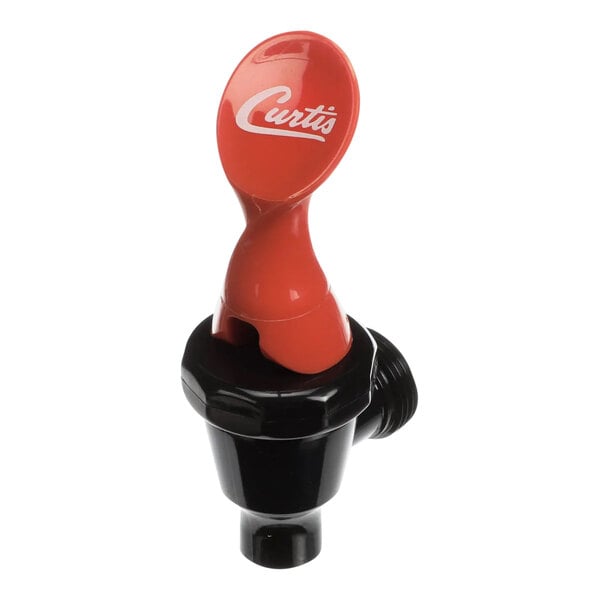 A black plastic faucet with a red decal cap.