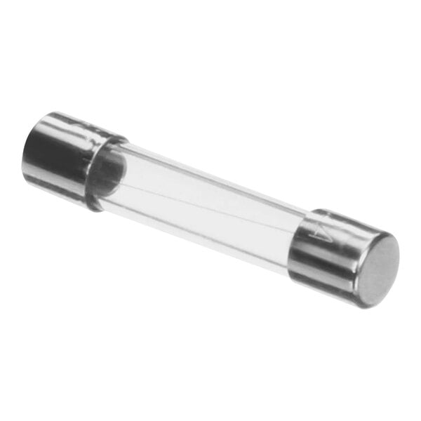 A close-up of a metal tube with a glass cap containing a silver Cleveland 2 Amp 250V fuse.