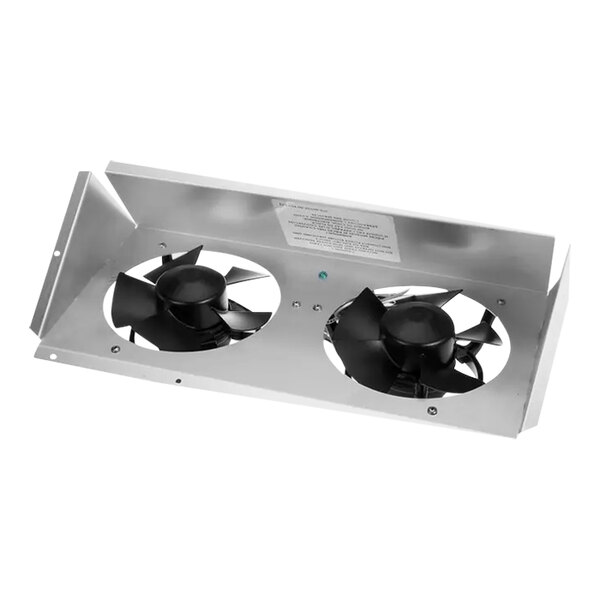 A metal Traulsen motor fan with two black blades.