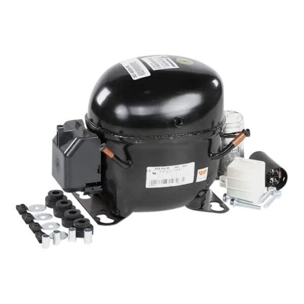 A black Traulsen air compressor with a white label and hoses.