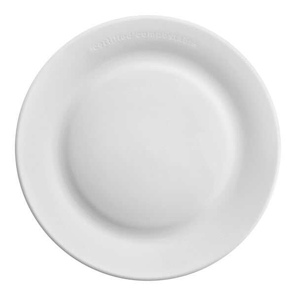 A close up of a World Centric reusable white plate with a small rim.