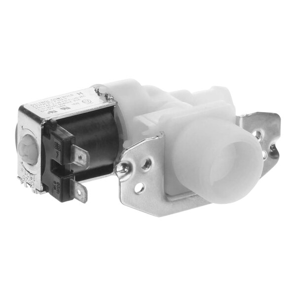 A Bunn white plastic water valve with a black and silver metal frame.