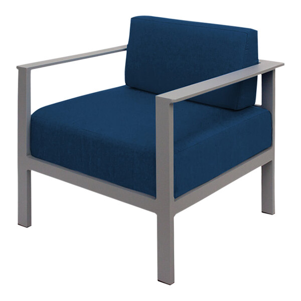 A blue BFM Seating outdoor armchair with a metal frame.