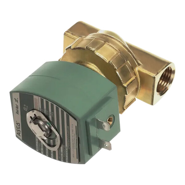 A close-up of a brass Alliance Laundry valve with a green and gold device on top.