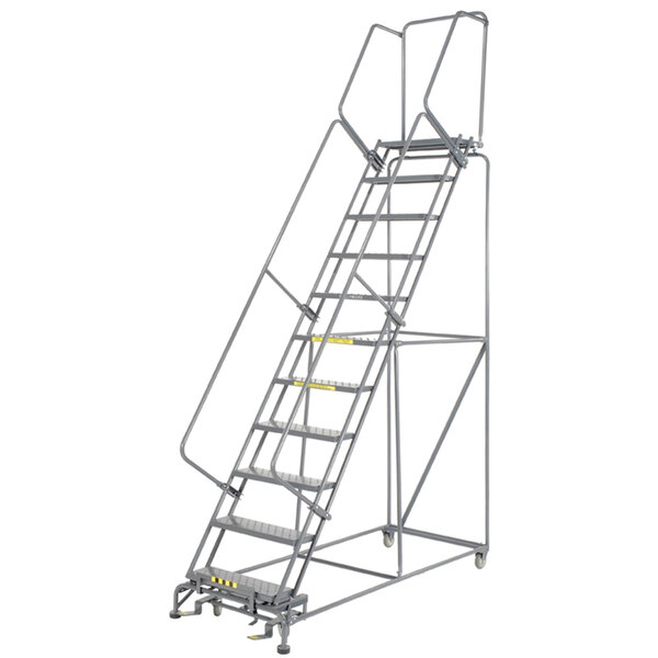A Ballymore gray steel rolling safety ladder with expanded metal tread and handrail.