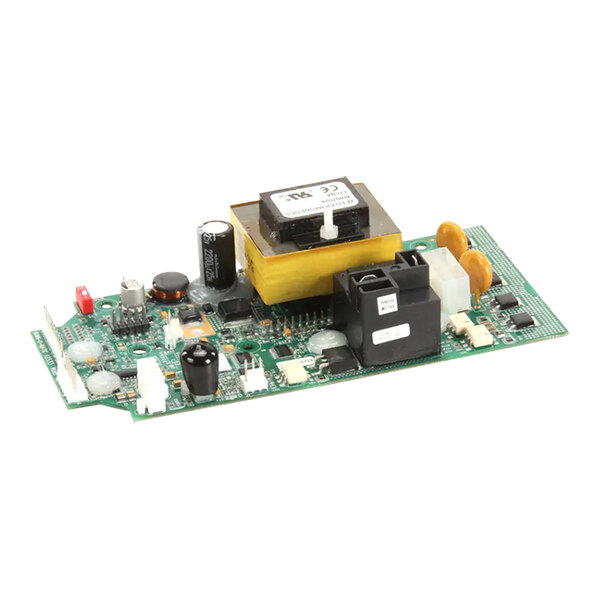 A close-up of a Bunn Control Board Assembly with white labels on a circuit board.