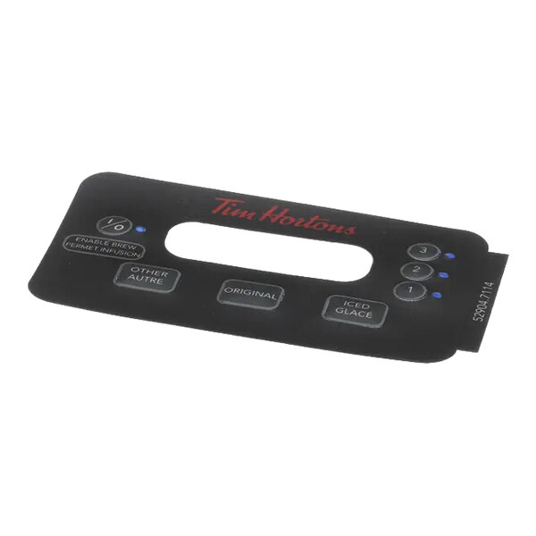 An overlay panel for a Bunn coffee machine featuring Tim Hortons branding and various control buttons.