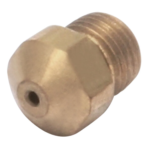 A brass threaded nut with a hole.