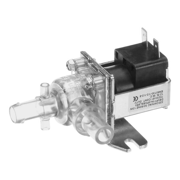 A close-up of a Bunn black and silver plastic valve assembly.