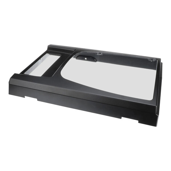 A black rectangular door assembly with a clear glass lid.