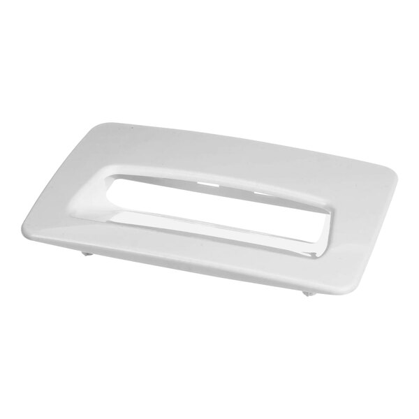 A white plastic rectangular door handle with a hole.