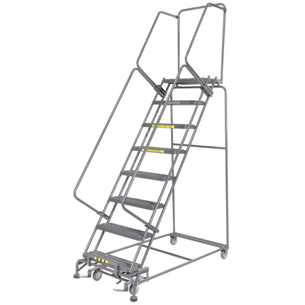 A Ballymore steel rolling ladder with expanded metal steps and wheels.
