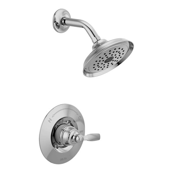 A Delta chrome shower head and faucet with a monitor pressure balancing cartridge.