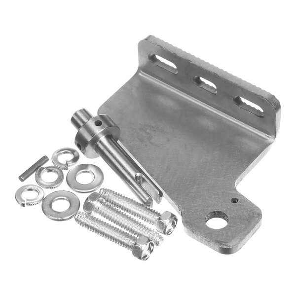 A metal piece with screws and bolts for a True Refrigeration bottom hinge.