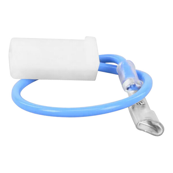 A blue and white cable with a white cap.
