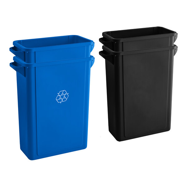 Two black and blue Lavex slim rectangular trash cans.