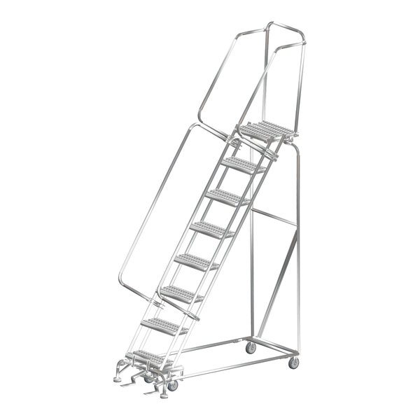 A Ballymore steel rolling ladder with 8 steps and wheels.