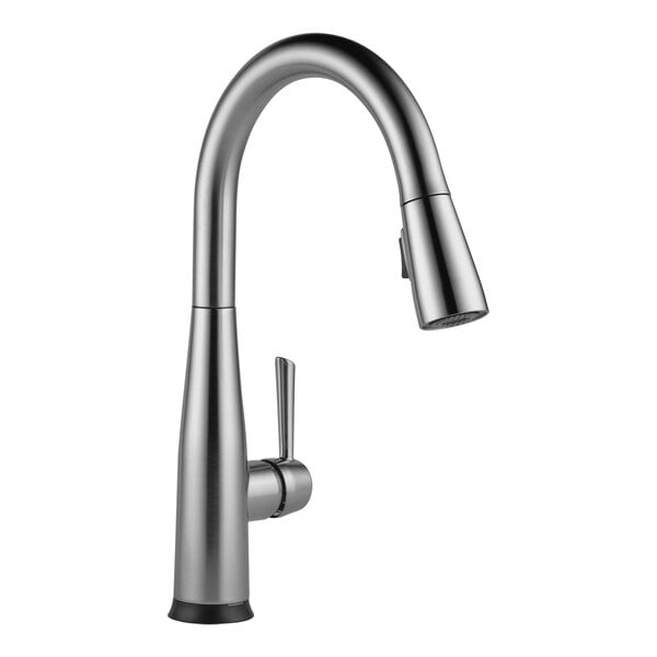A close-up of a Delta Essa Arctic Stainless kitchen faucet with a single lever.