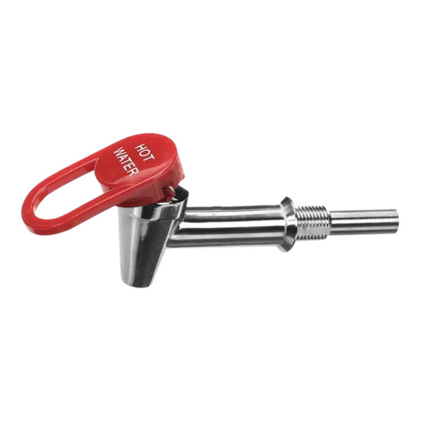 A stainless steel Wilbur Curtis hot water faucet with a red plastic handle.