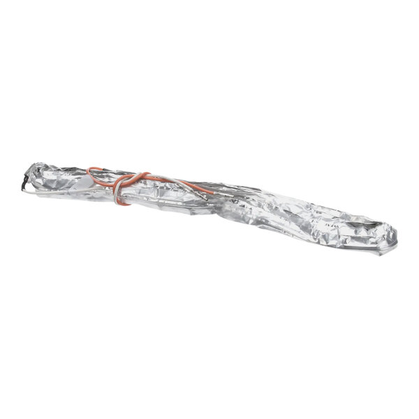 A silver and orange wire harness foil with a string attached.