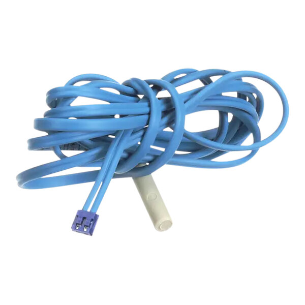A blue cable with a white connector on a white background.