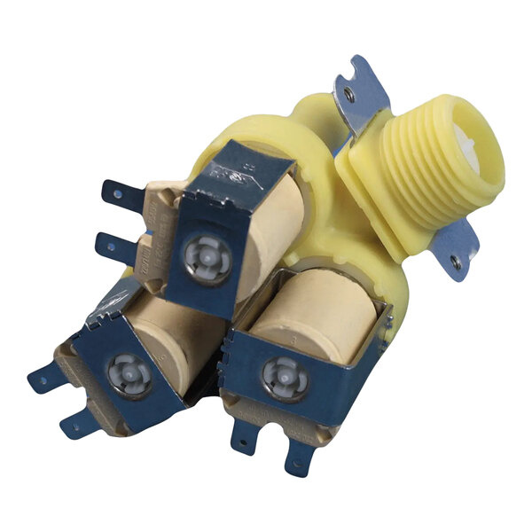 A close-up of a white Alliance Laundry 3-way water valve with yellow and blue electrical connectors.