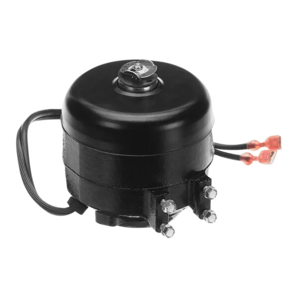 A black round Bunn condenser fan motor with wires.