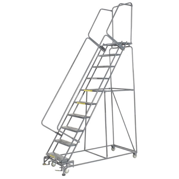 A Ballymore gray steel rolling ladder with wheels.