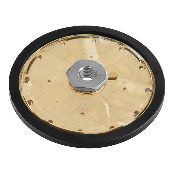 A round black and gold plated disc with a metal nut.