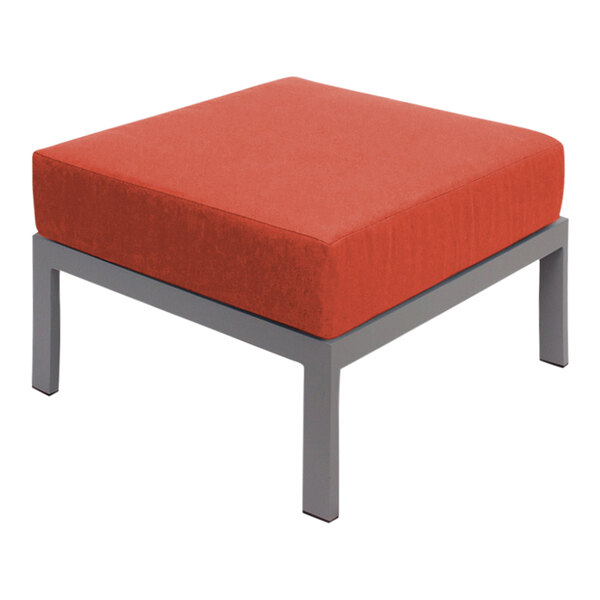 A BFM Seating Belmar ottoman with a red Sunbrella cushion on a metal frame.