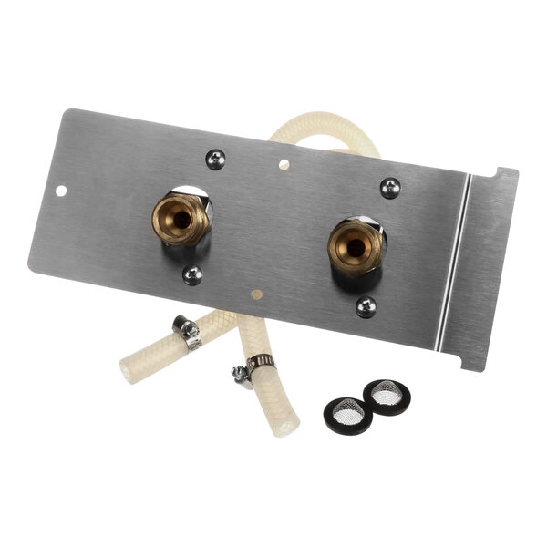 A metal plate with two brass fittings and a hose.