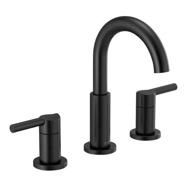 A Delta Nicoli matte black widespread lavatory faucet with lever handles and a curved spout.