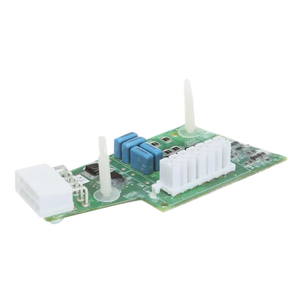A close up of a green Bunn Control Board with white and blue components.
