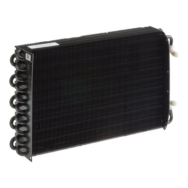 A rectangular black metal component with multiple thin fins and coiled tubes on one side, likely part of a cooling or refrigeration system.