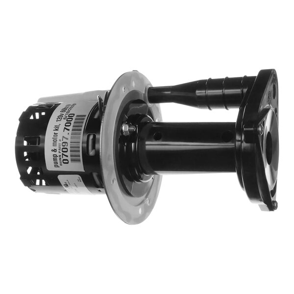 A black and silver Bunn pump and motor with a round metal ring.